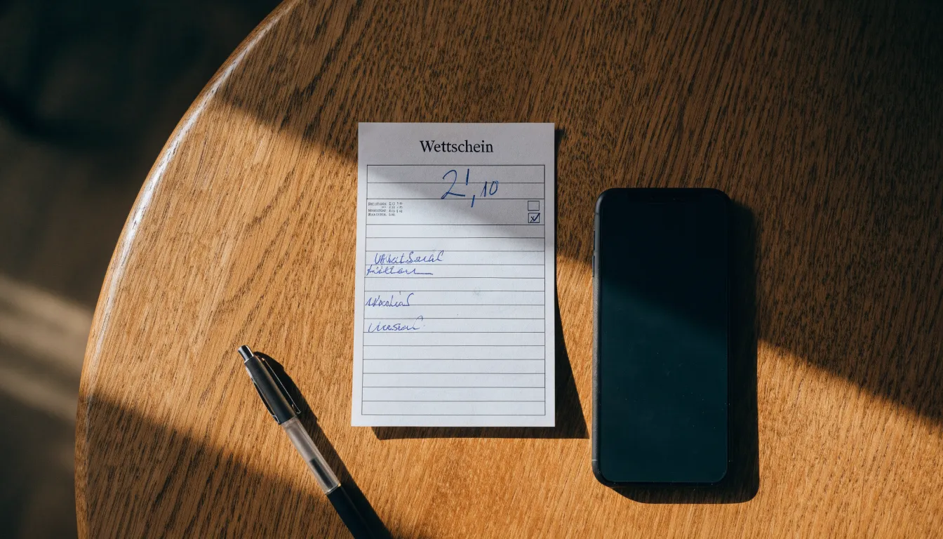 Ein leerer Papier-Wettschein und ein Kugelschreiber liegen auf einem Holztisch neben einem schwarzen Smartphone.