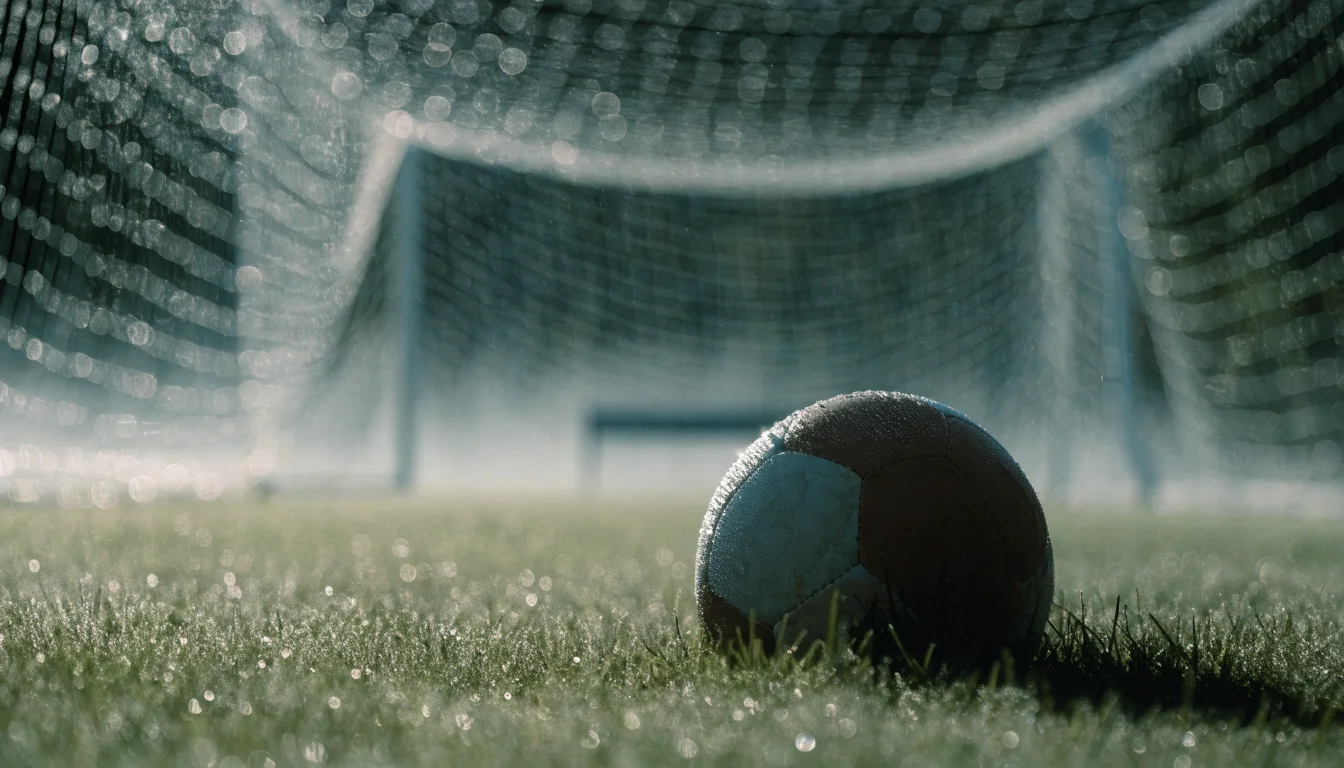 Ein Fußball liegt auf dem Rasen vor einem Tor im Morgennebel, die Netzmaschen sind taufeucht.