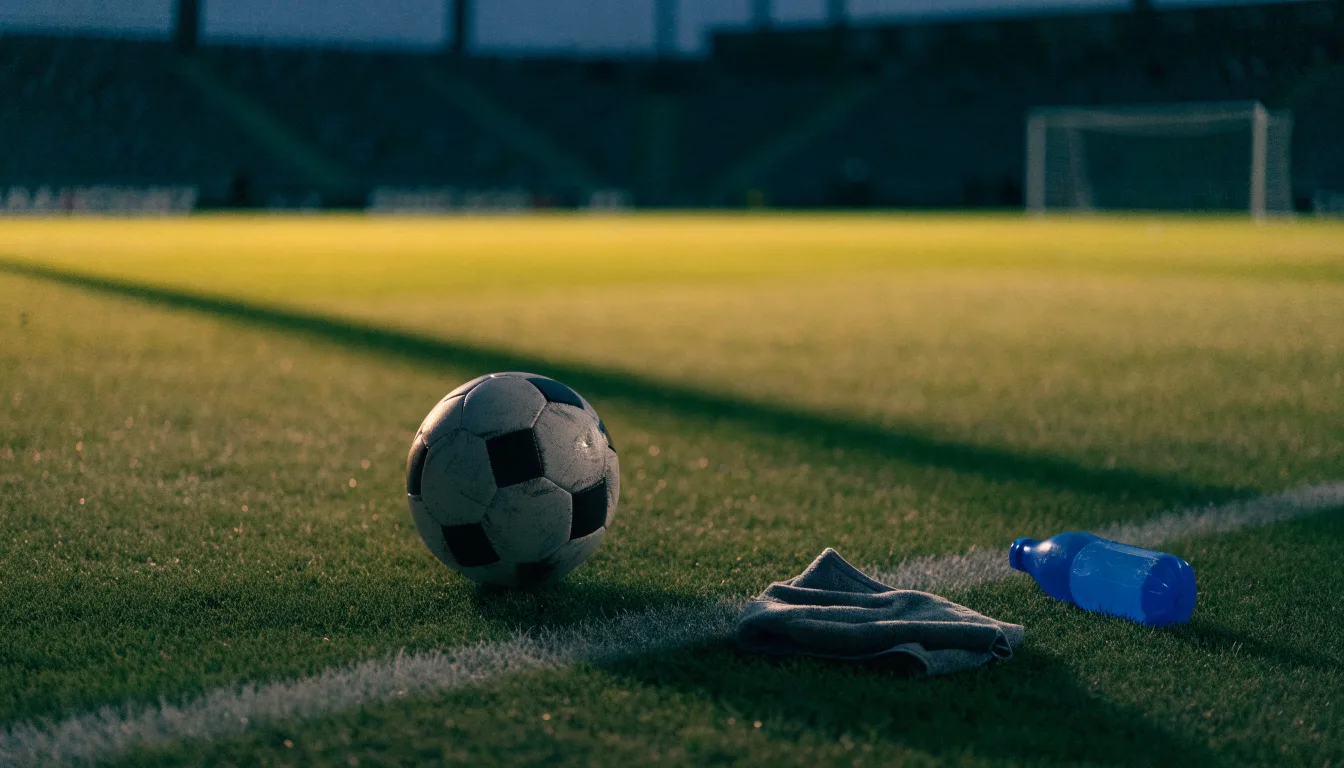 Ein Fußball auf einer Wiese neben der Seitenlinie, daneben eine Trinkflasche ohne Aufdruck und ein Handtuch.