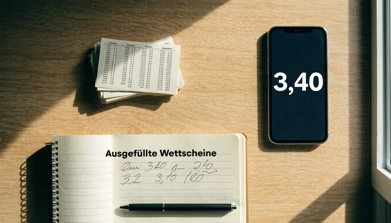 Ein Notizbuch mit handschriftlichen Notizen und ein Taschenrechner liegen auf einem Schreibtisch neben einem Smartphone mit dunklem Display.