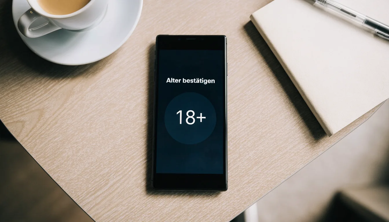 Ein Smartphone liegt mit schwarzem Display neben einer Kaffeetasse und einem Notizblock auf einem Café-Tisch.