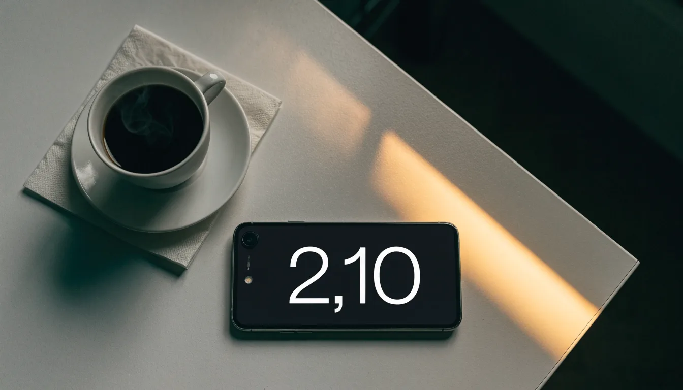 Ein Smartphone mit dunklem Display liegt neben einer Kaffeetasse auf einem Schreibtisch, durch das Fenster fällt Abendlicht.