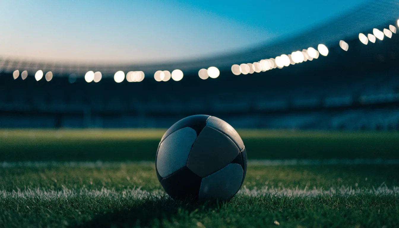 Ein Fußball liegt auf einem Rasenplatz in der Dämmerung, im Hintergrund ein ferner Stadionrand unter Flutlicht.