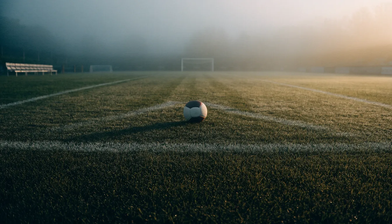 Ein Fußball liegt in der Mitte eines leeren Rasenplatzes im Morgennebel, am Rand steht eine einzelne Auswechselbank.